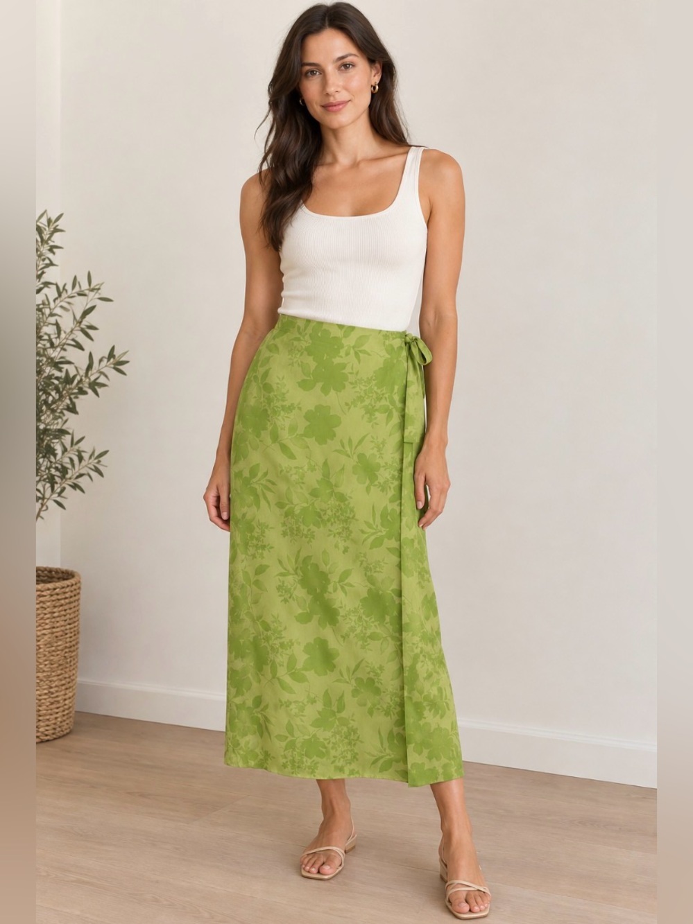 Vintage August Silk Studio Light Green Floral 100% Silk Midi Skirt